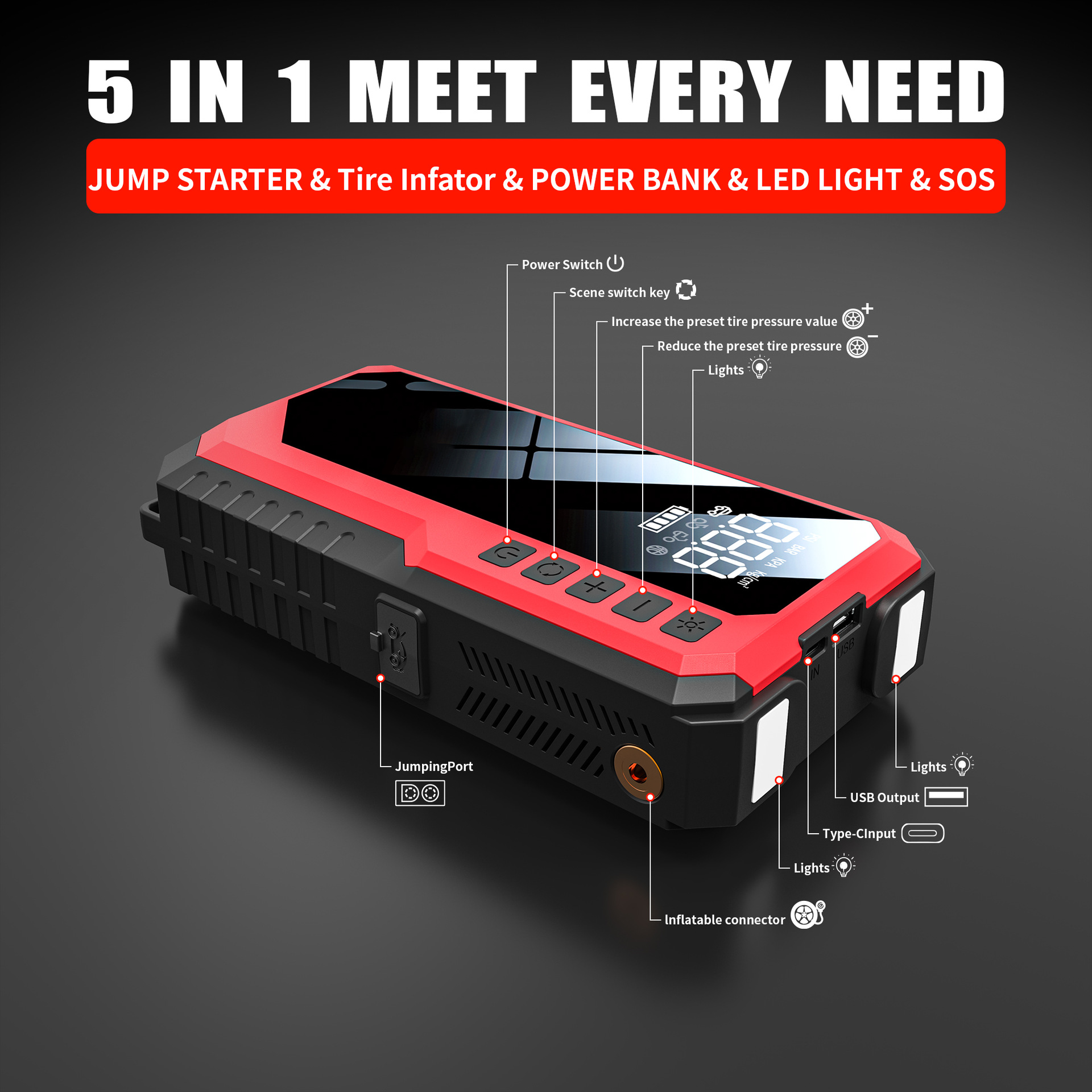 Automobile Emergency Starting Power Supply 12V Start-up And Inflation Integration
