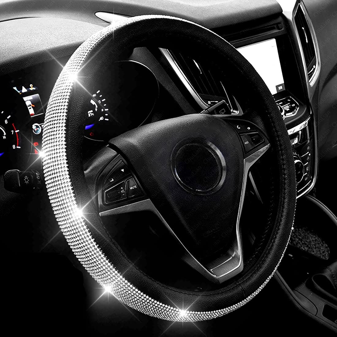 Diamond Leather Steering Wheel Cover With Crystal Rhinestones, Sparkle Decor For Car…