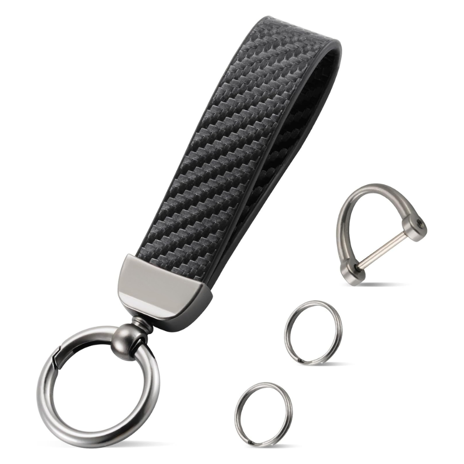 Leather Keychain, Carbon Fiber Car Key Chain With Anti-Lost D-Ring And 2 Key Ring…