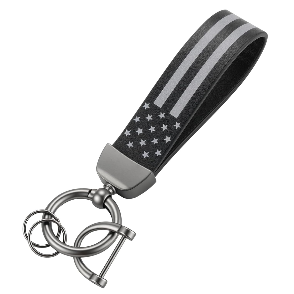 Leather Keychain, American Flag Car Keychain With Anti-Lost D-Ring And 2 Key Rings, Key…