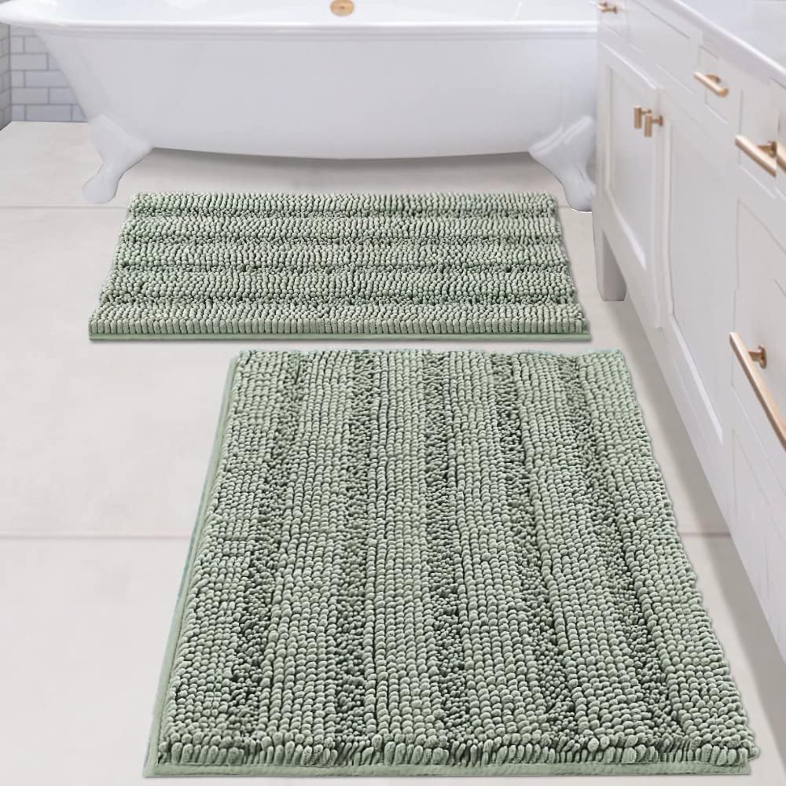 2-piece Set Of Sage Green Bath Mats, Machine-washable Bathroom Mat Set (81 X 51 Cm + 61 X…