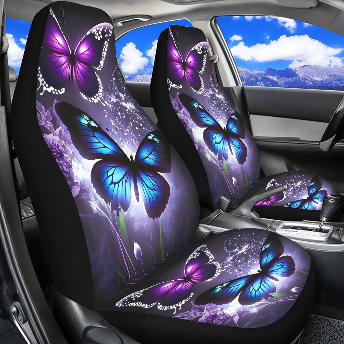 2 Front Car Seat Covers, Digitally Printed With Butterfly Patterns, Thin, Suitable For…