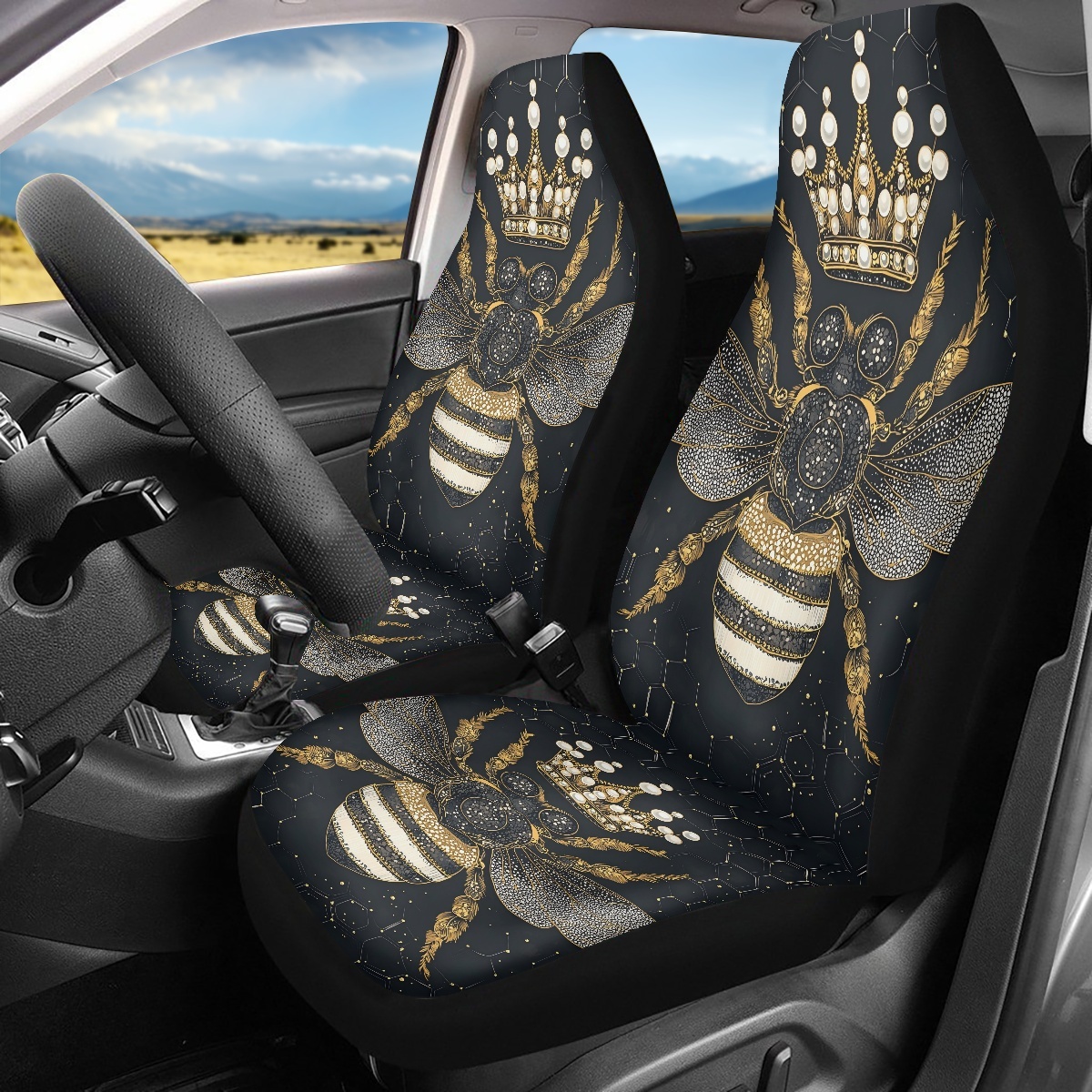 2 Front Car Seat Covers, Digitally Printed With A Honeybee Pattern, Thin, Suitable For…