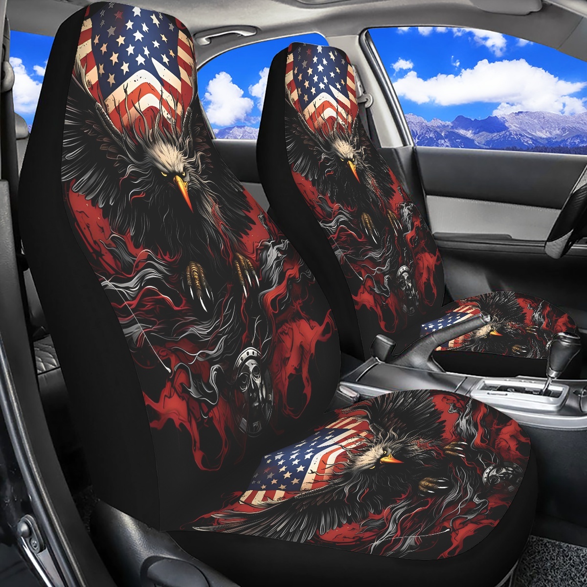 2 Front Car Seat Covers, Digitally Printed With An Eagle Pattern, Thin, Suitable For All…