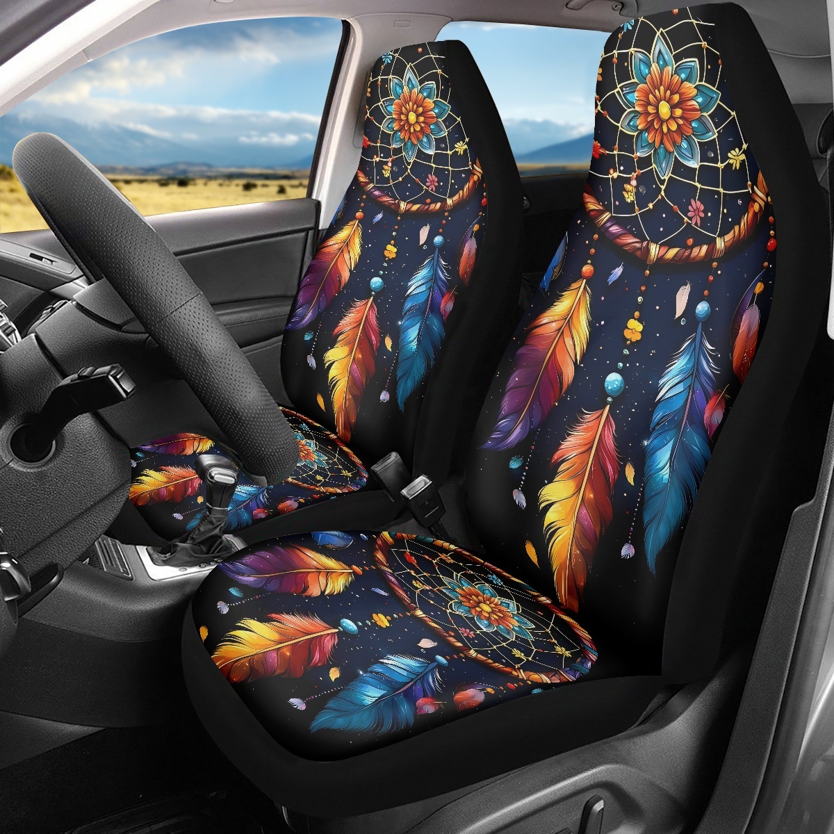 2 Front Car Seat Covers, Digitally Printed With Feather Patterns, Thin, Suitable For All…