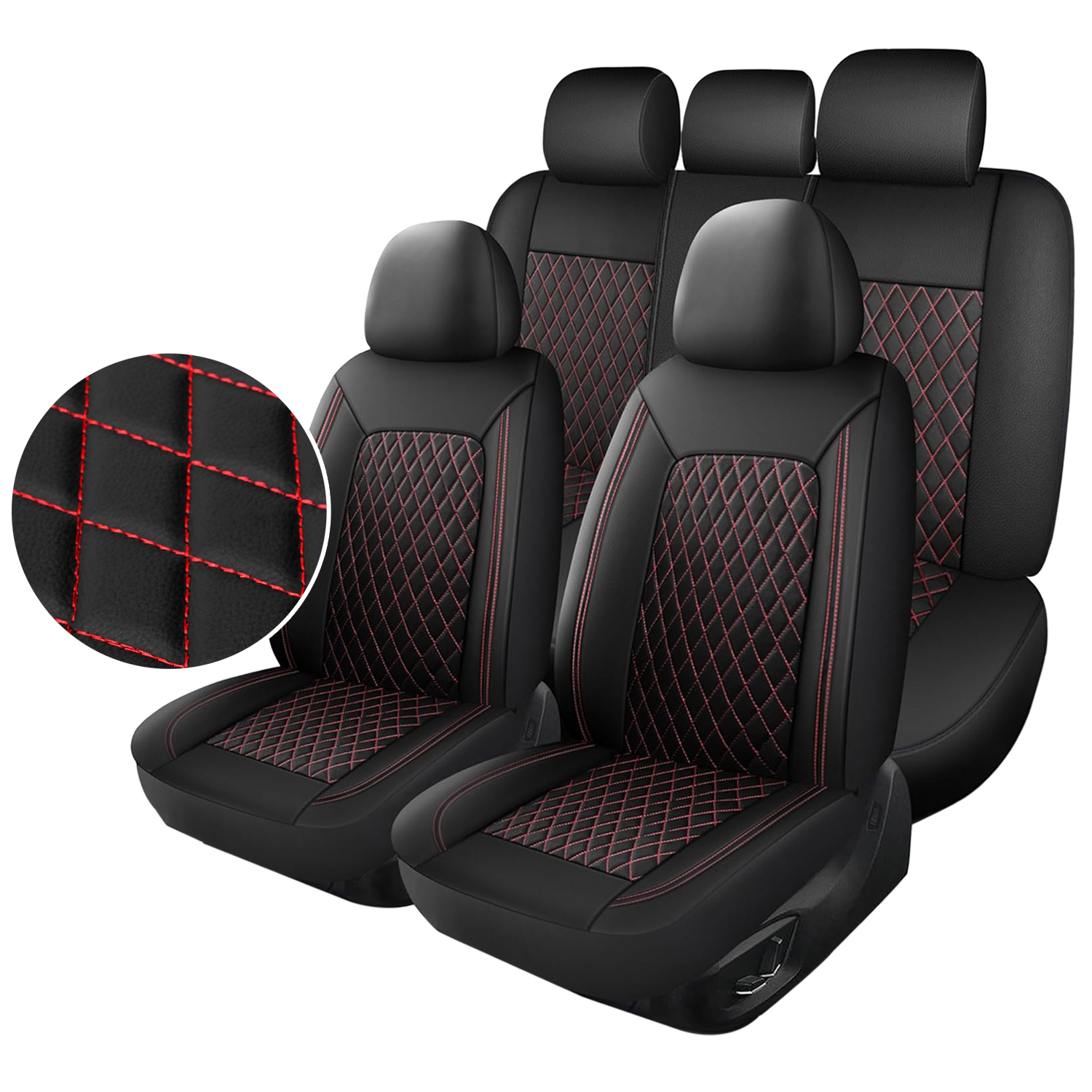 5-Seat Car Seat Cover, Single-Stitch Diamond Pattern, Quilted And Embroidered, Synthetic…