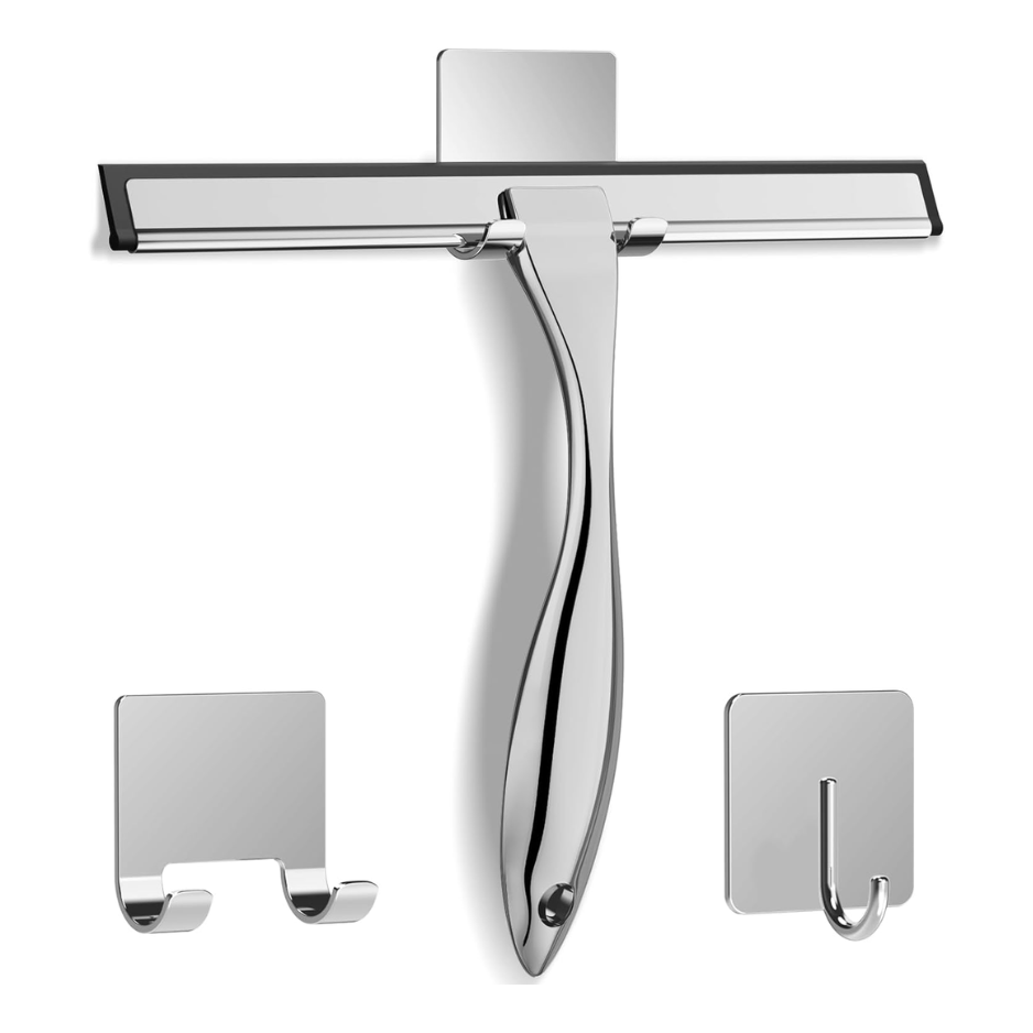All-Purpose Stainless Steel Shower Squeegee For Shower Glass Door With 2 Adhesive Hooks