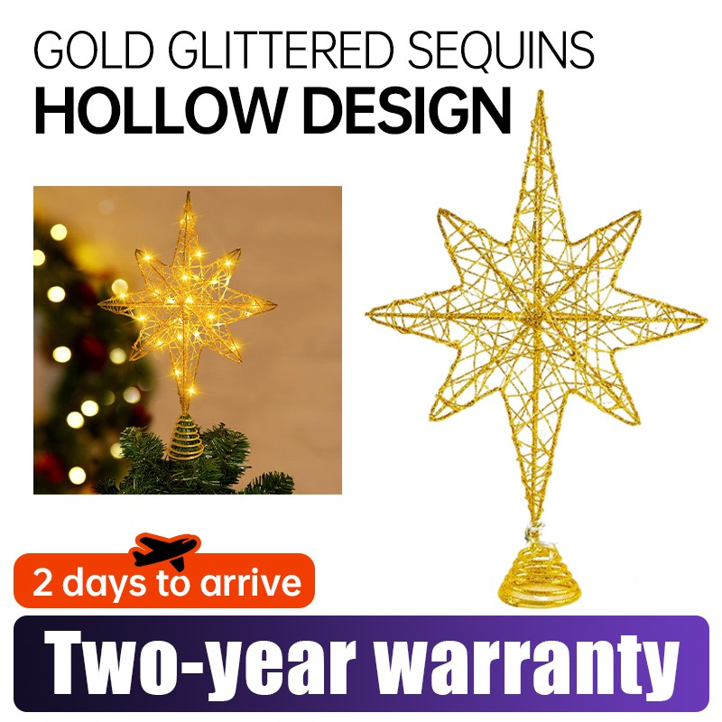 Christmas Tree Star Topper Eight-Pointed Golden Tree Ornament Festival Treetop Decor For…