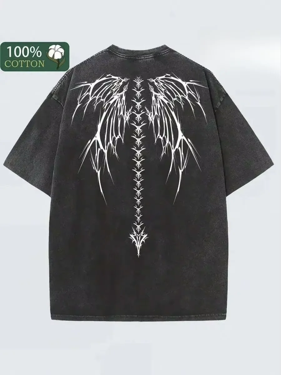 Black Vintage Washed Batik Cotton Oversized T-Shirt, White Gothic Wings Back Print Unisex…