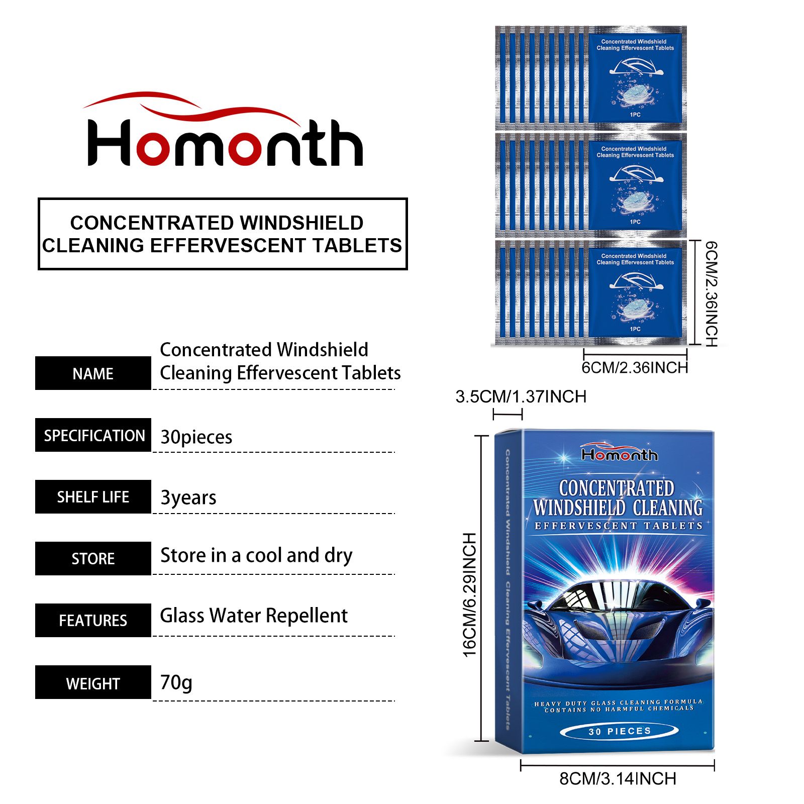 HOMONTH Automotive Windshield Cleaning Tablets, 30 Pieces