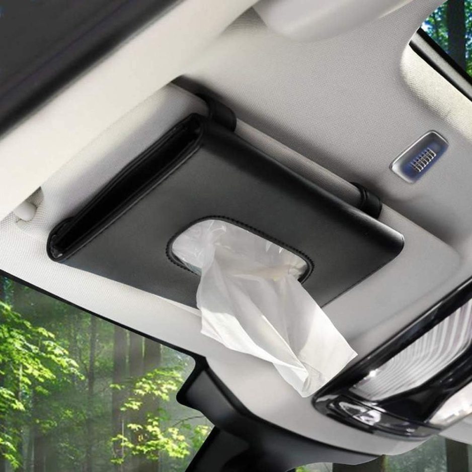 Black PU Leather Car Tissue Holder For Sun Visor, Hanging Napkin Case Box For Vehicle…