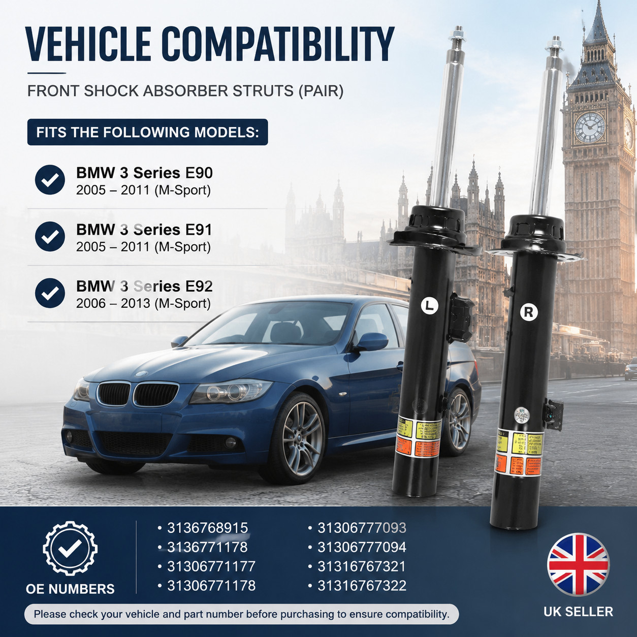Pair Front Suspension Strut Shock Absorber Fits BMW E90 E91 E92 M-Sport