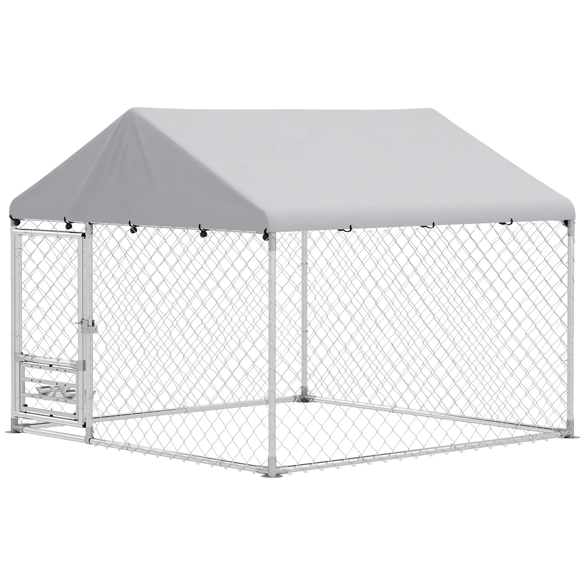 Outdoor Dog Run w/ Adjustable & Rotating Bowls, Waterproof UV-Resistant Cover, Secure…