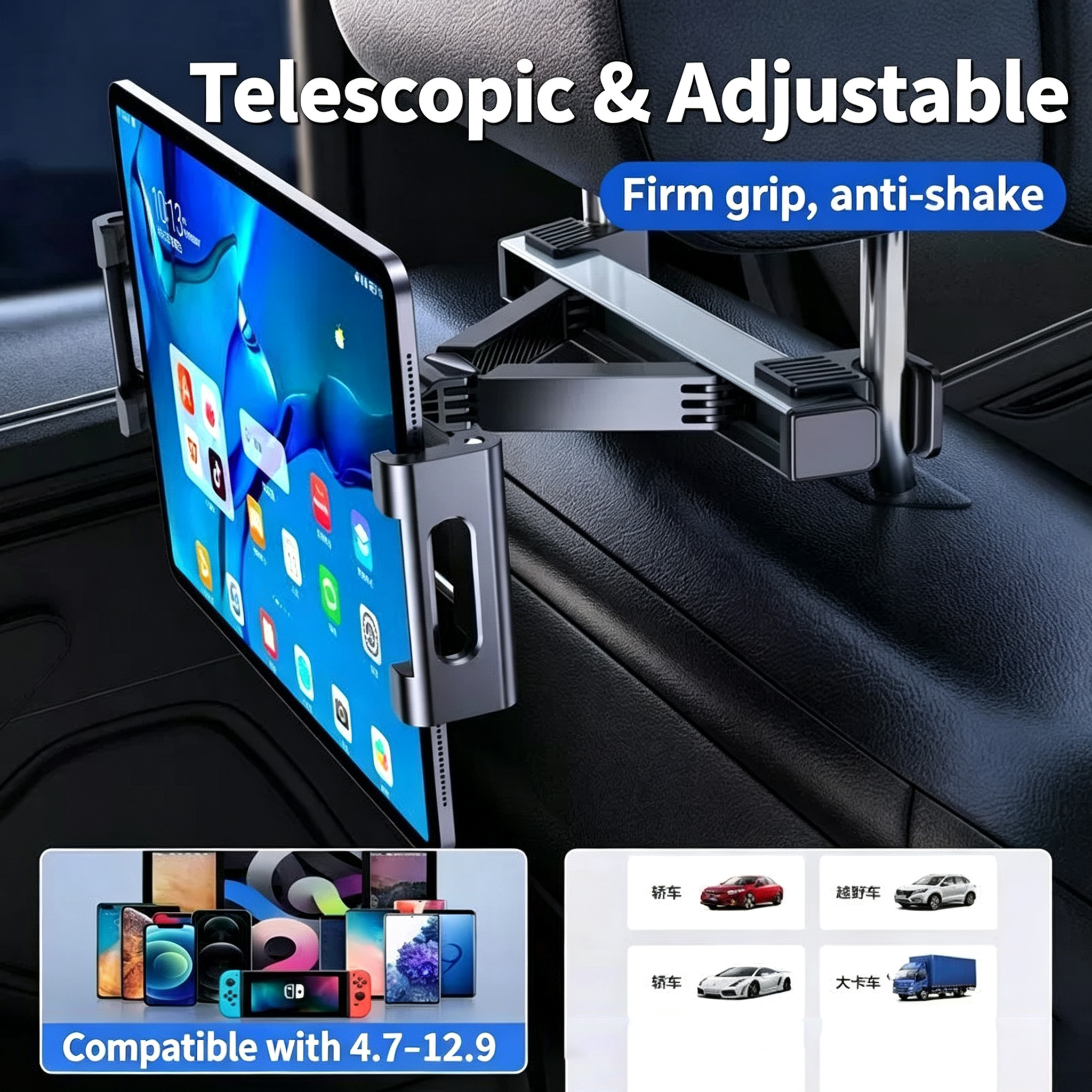 Car Headrest Tablet Holder Back Seat Car Tablet Mount Telescopic Adjustable Car Seat…
