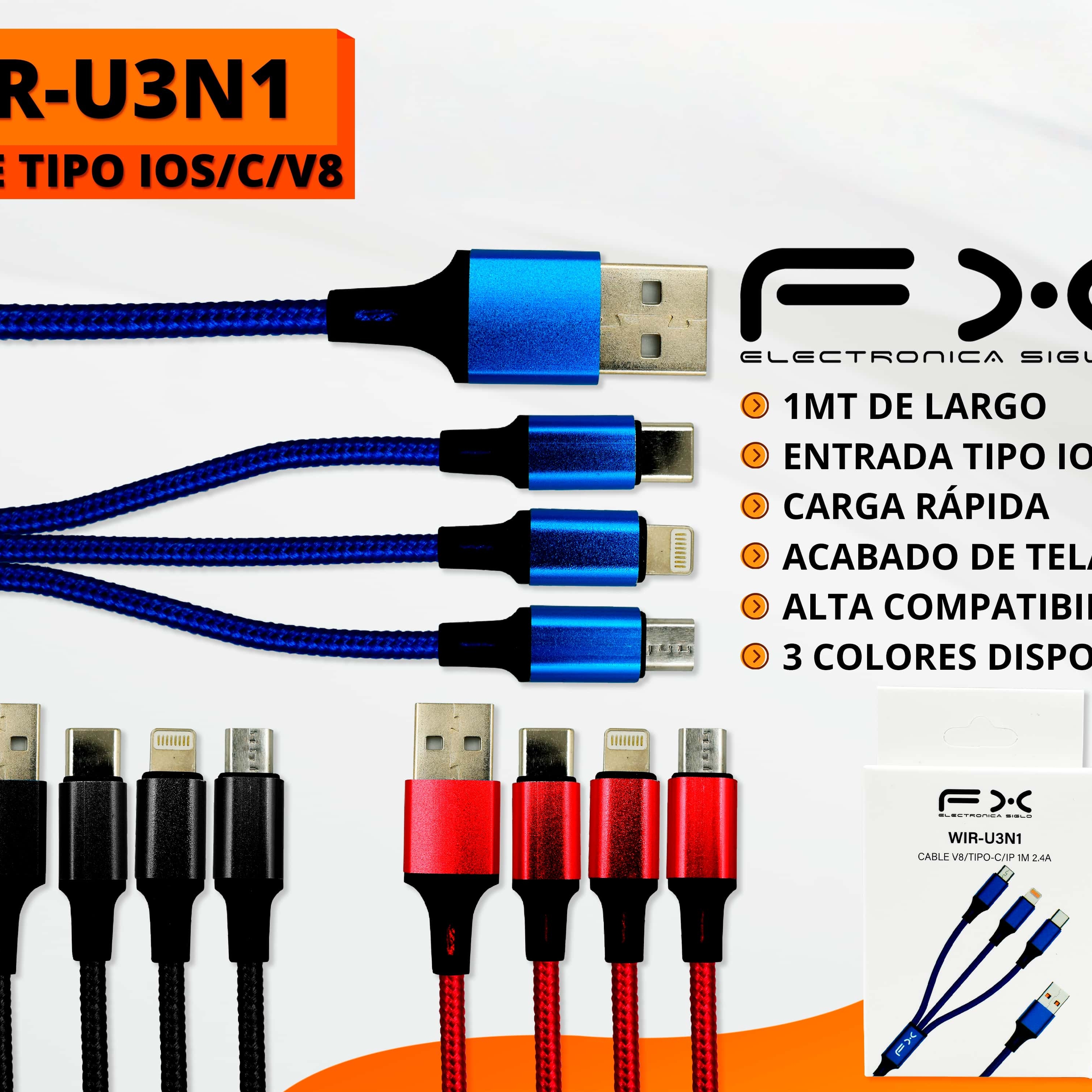Three-in-one Charging Cable Type-c/ios/v8 Interface 1m Blue