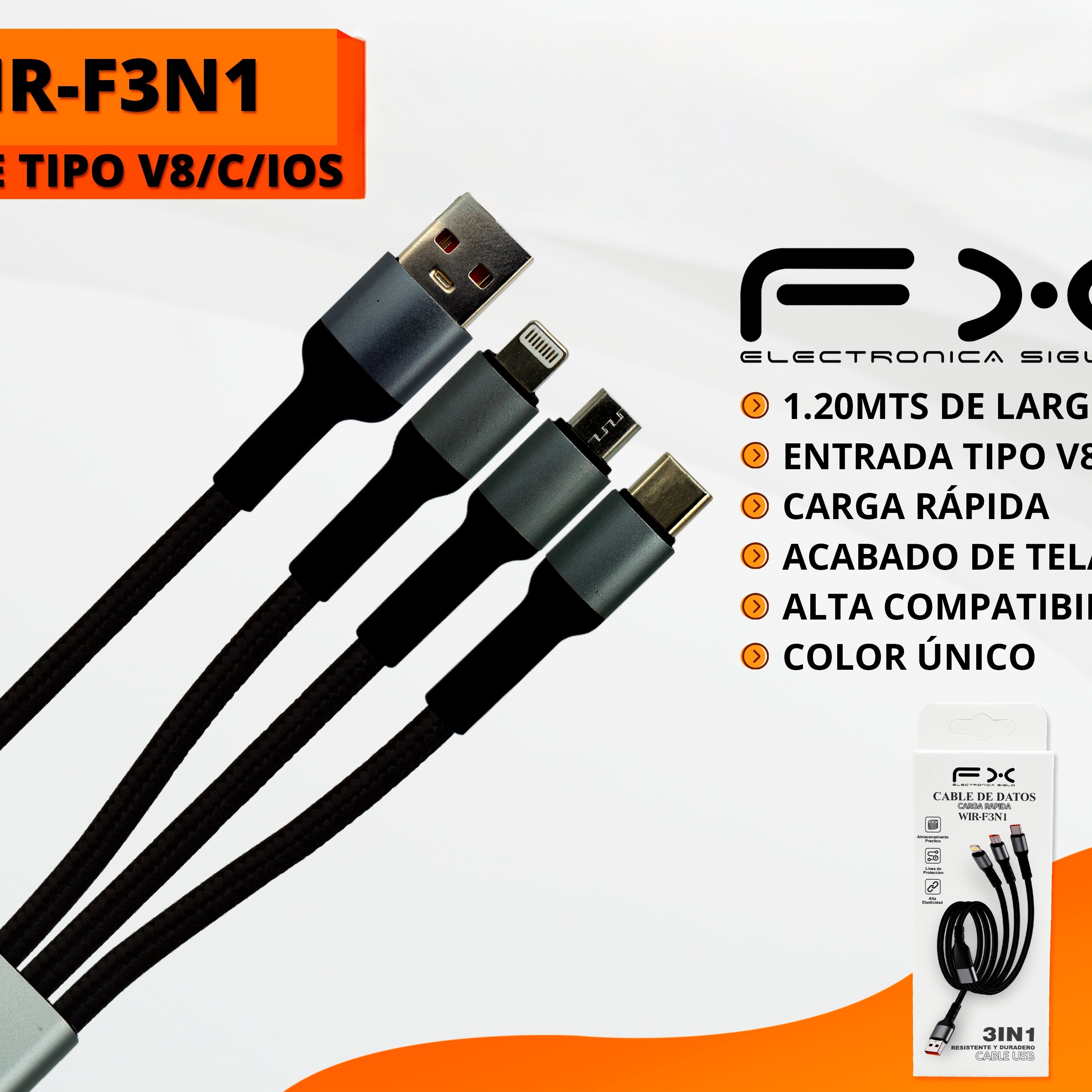 Three-in-one Data Cable V8type-cios Interface Fast Charging 1.2m
