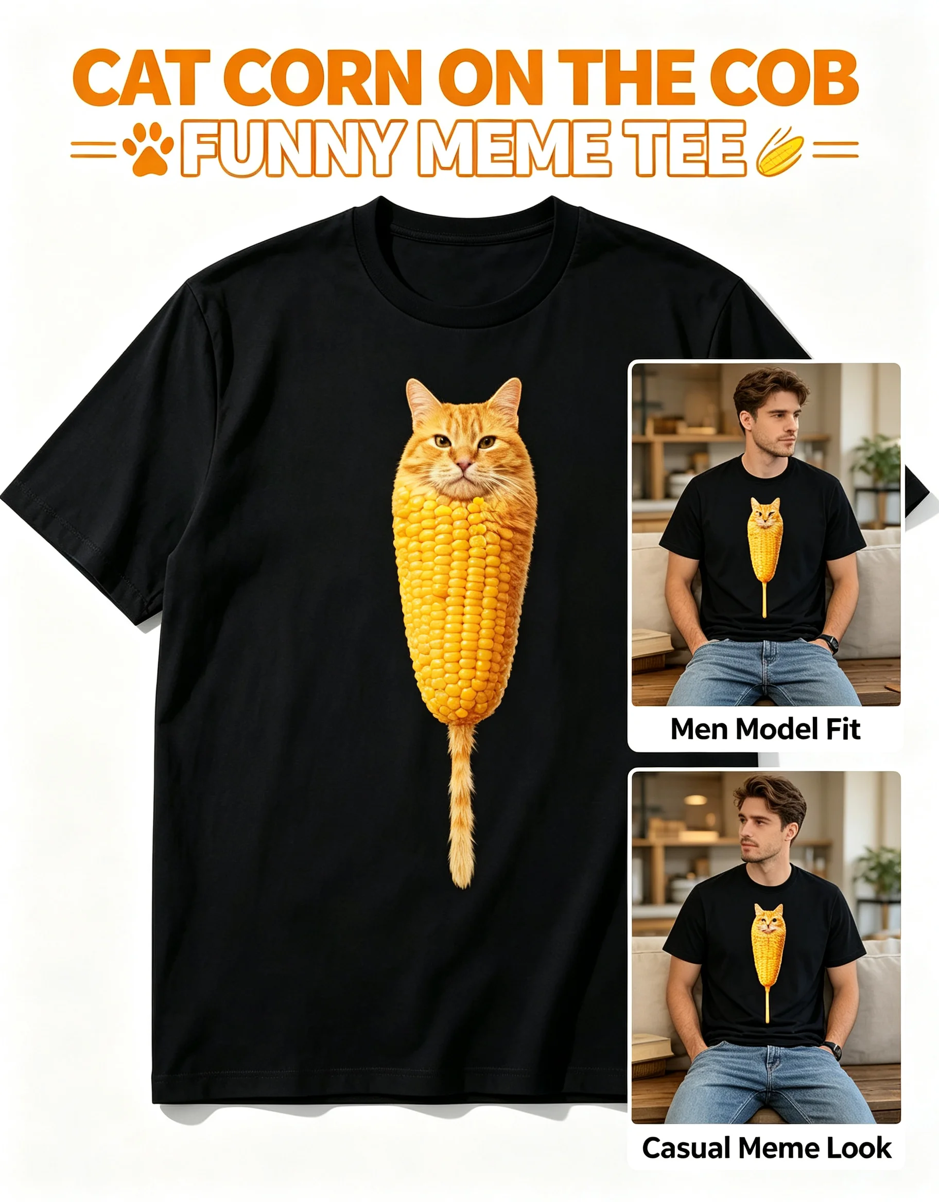 Men Funny Corn Dog Cat Graphic T-Shirt, Weird Meme Orange Cat Front Print Short Sleeve…