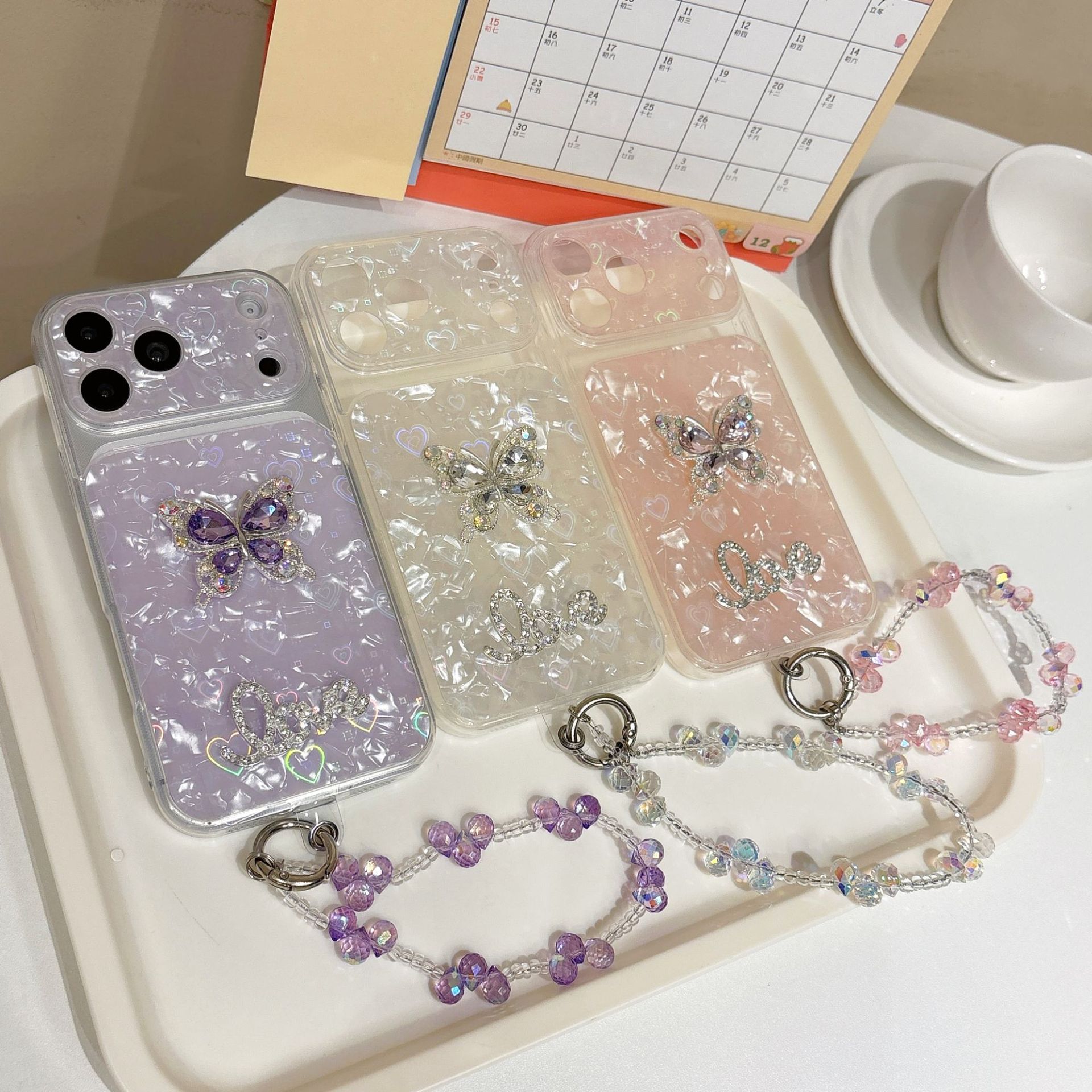 Ice Shell Pattern Butterfly Diamond Studded Rhinestone Phone Case