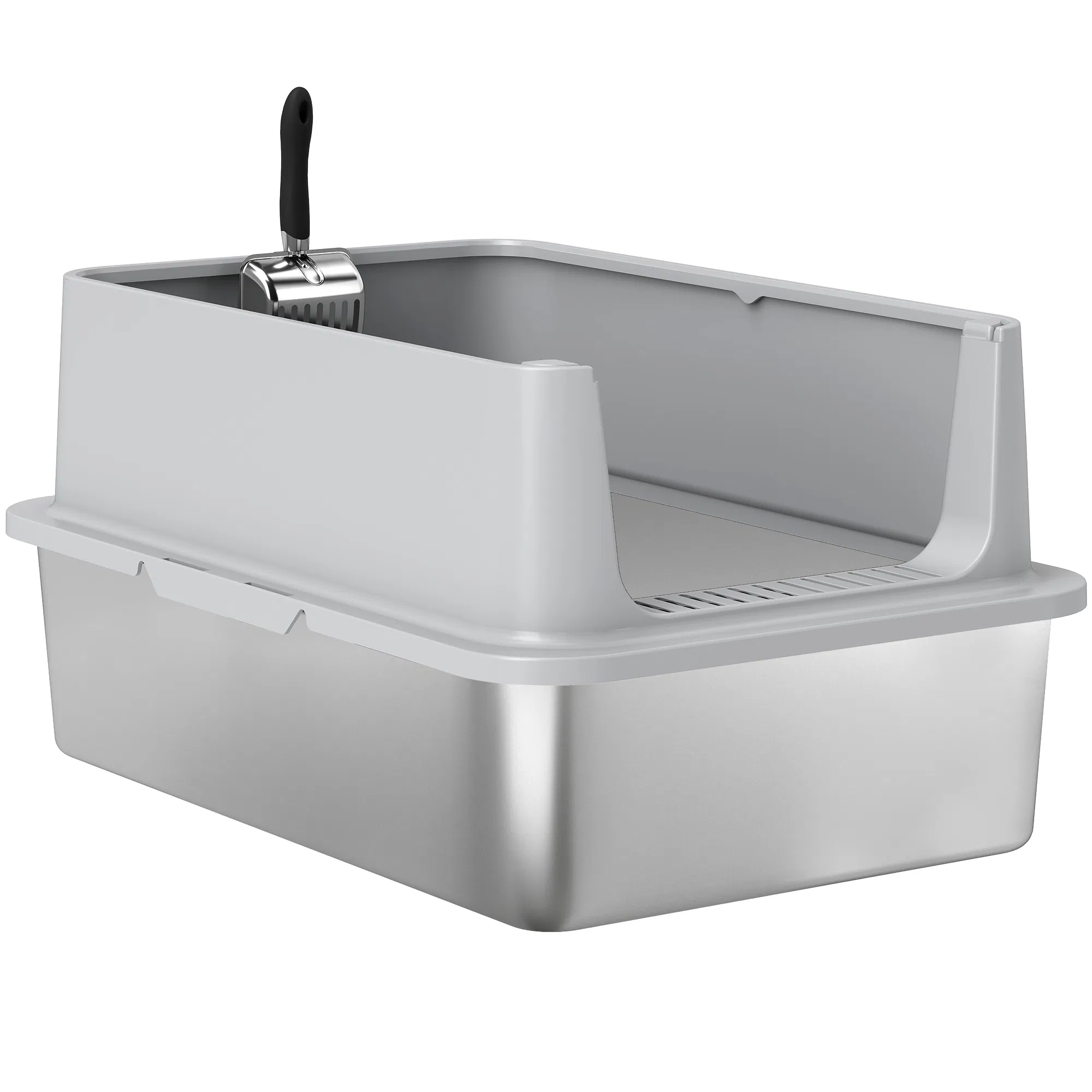 XL Stainless Steel Cat Litter Box for Big and Multiple Cats with High Wall Side, Scoop…