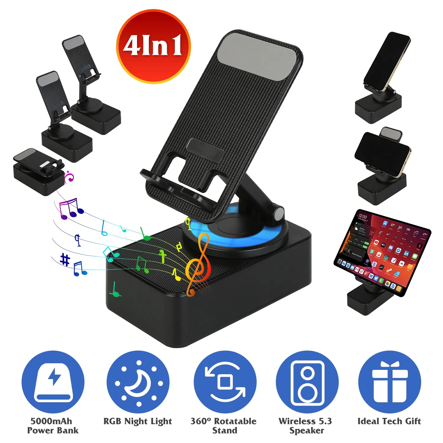 1-Pack 4-in-1 Foldable Wireless Speaker Phone Stand With Power Bank 360ºRotatable Stand…