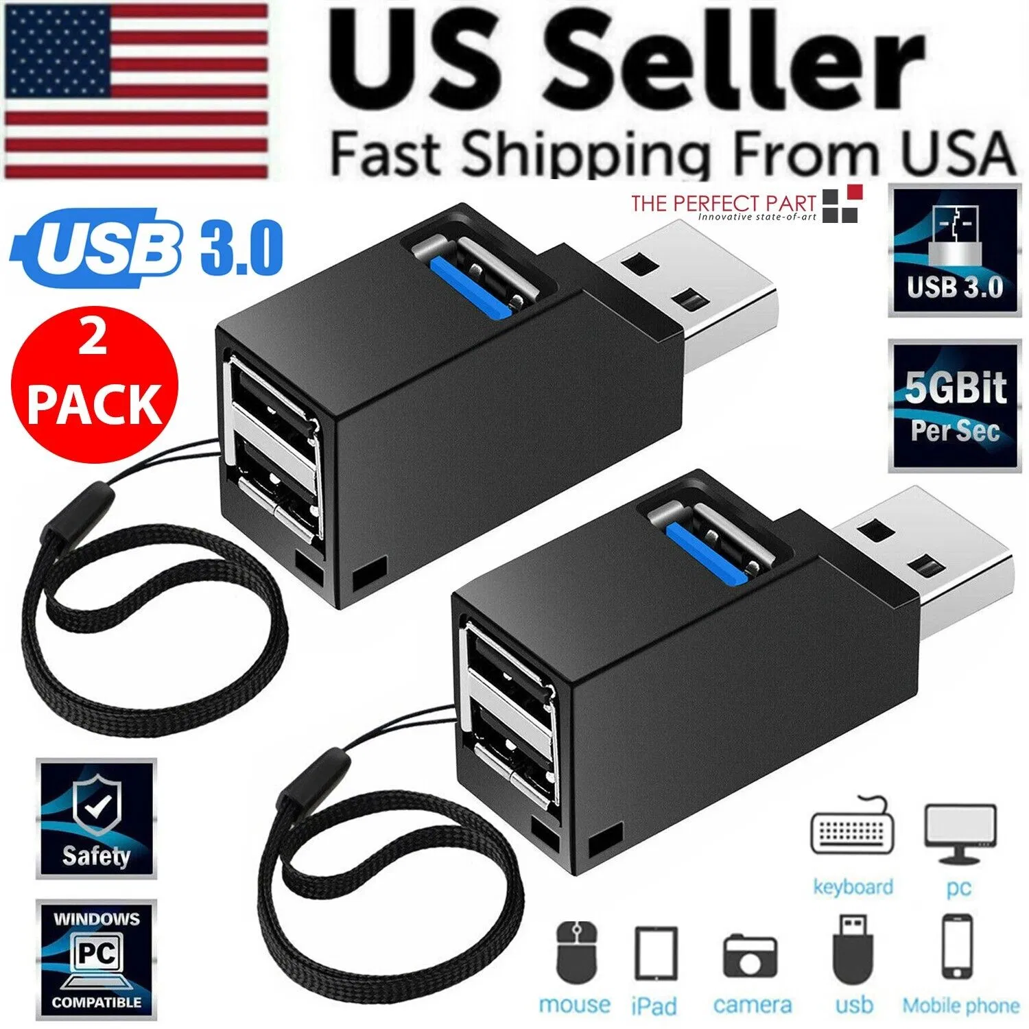 2-Pack 3 Port USB 3.0 Hub Portable High Speed Splitter Box For PC Notebook Laptop