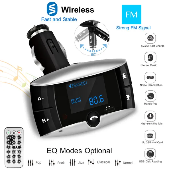 Car Wireless FM Transmitter USB Charger Hands-free Call MP3 Player SD Card Reading Aux-in…