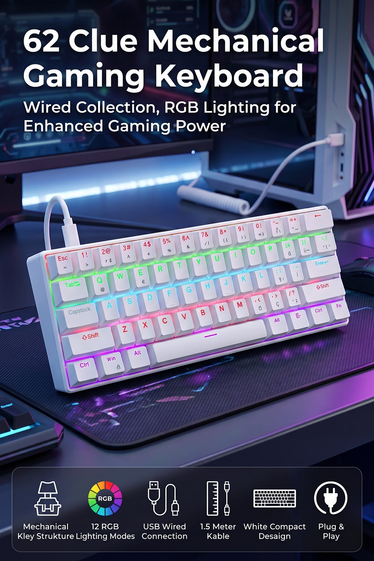 62-Key Mechanical Gaming Keyboard With 12 RGB Modes, Wired USB Compact Keyboard For PC…