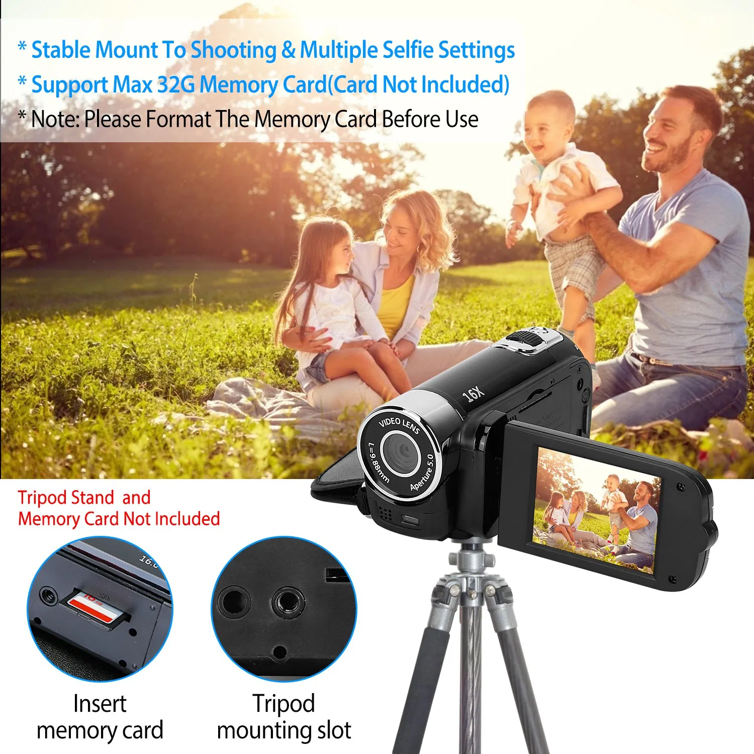HD 1080P Digital Video Camcorder 2.7in 16X Zoom DV Camera 270° Rotation Rechargeable Kid…