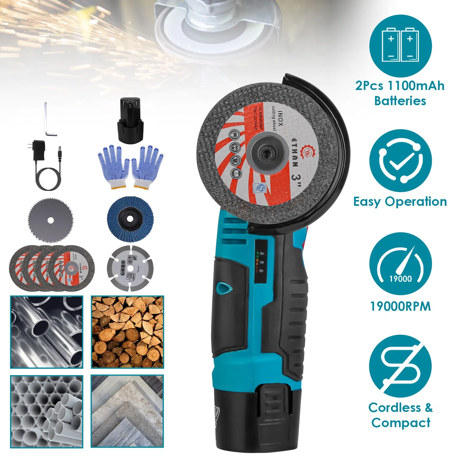 Cordless Mini Grinder Kit (3-Inch) - 19000RPM Pure Copper Motor, 2x12V 1100mAh Batteries…