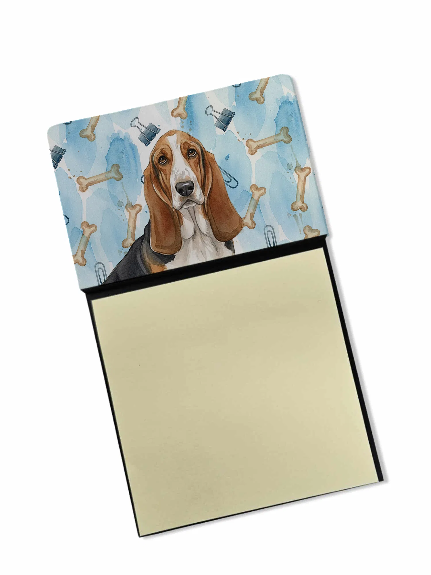 Tricolor and White Basset Hound Coworker Watercolor Sticky Note Holder Refillable…