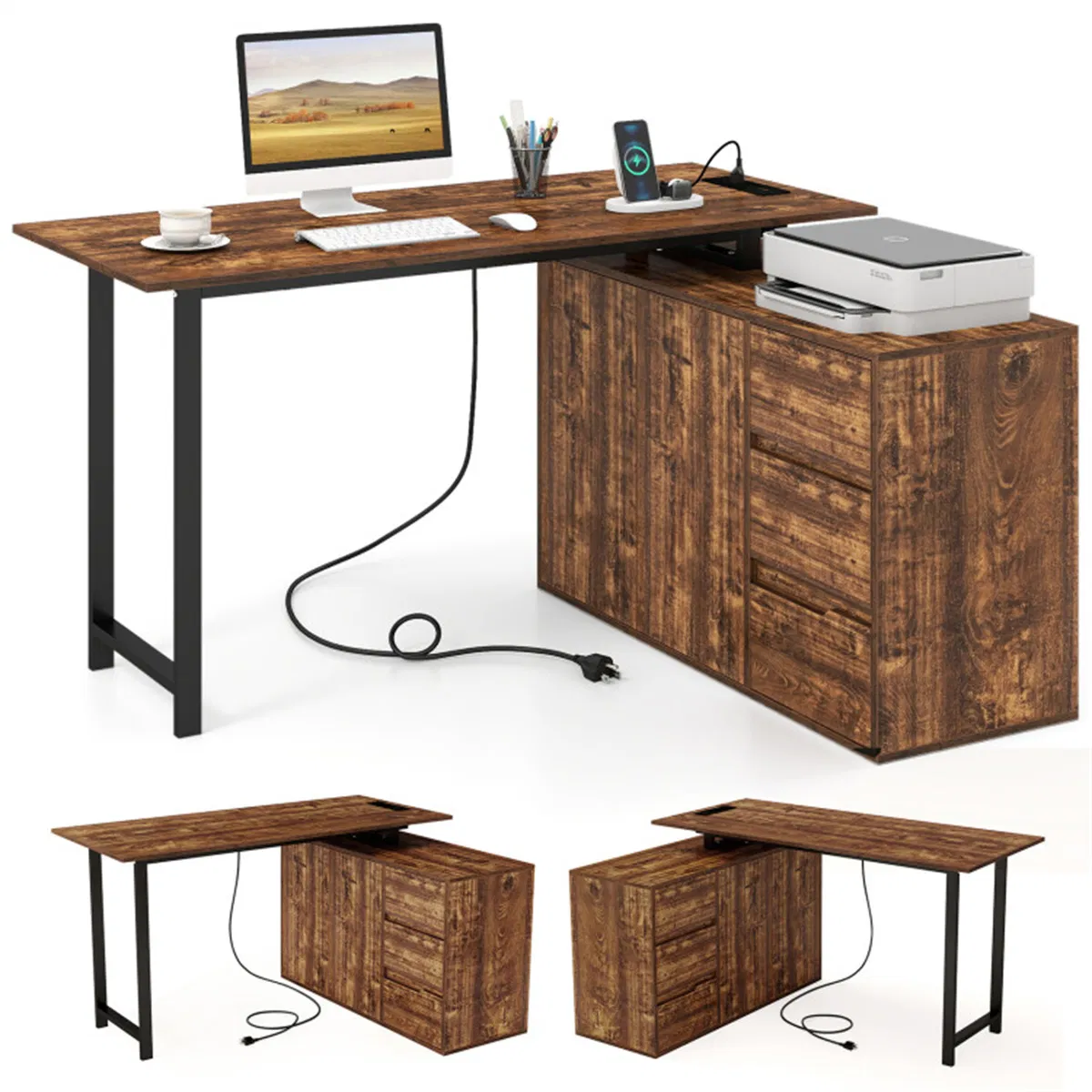 Reversible L-Shaped Desk with Built-in Charging Station, Home Office Desk with Drawers…