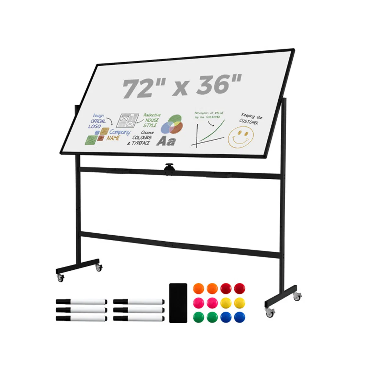 360° Rotating Double-Sided Magnetic Whiteboard, 182.88×91.44cm Writing Surface Mobile Dry…