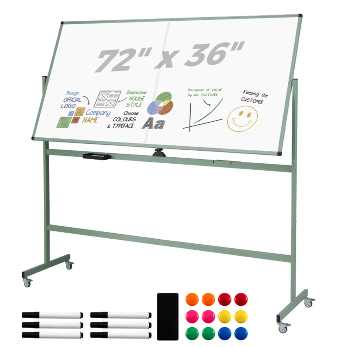 360° Rotating Double-Sided Magnetic Whiteboard, 182.88×91.44cm Writing Surface Mobile Dry…