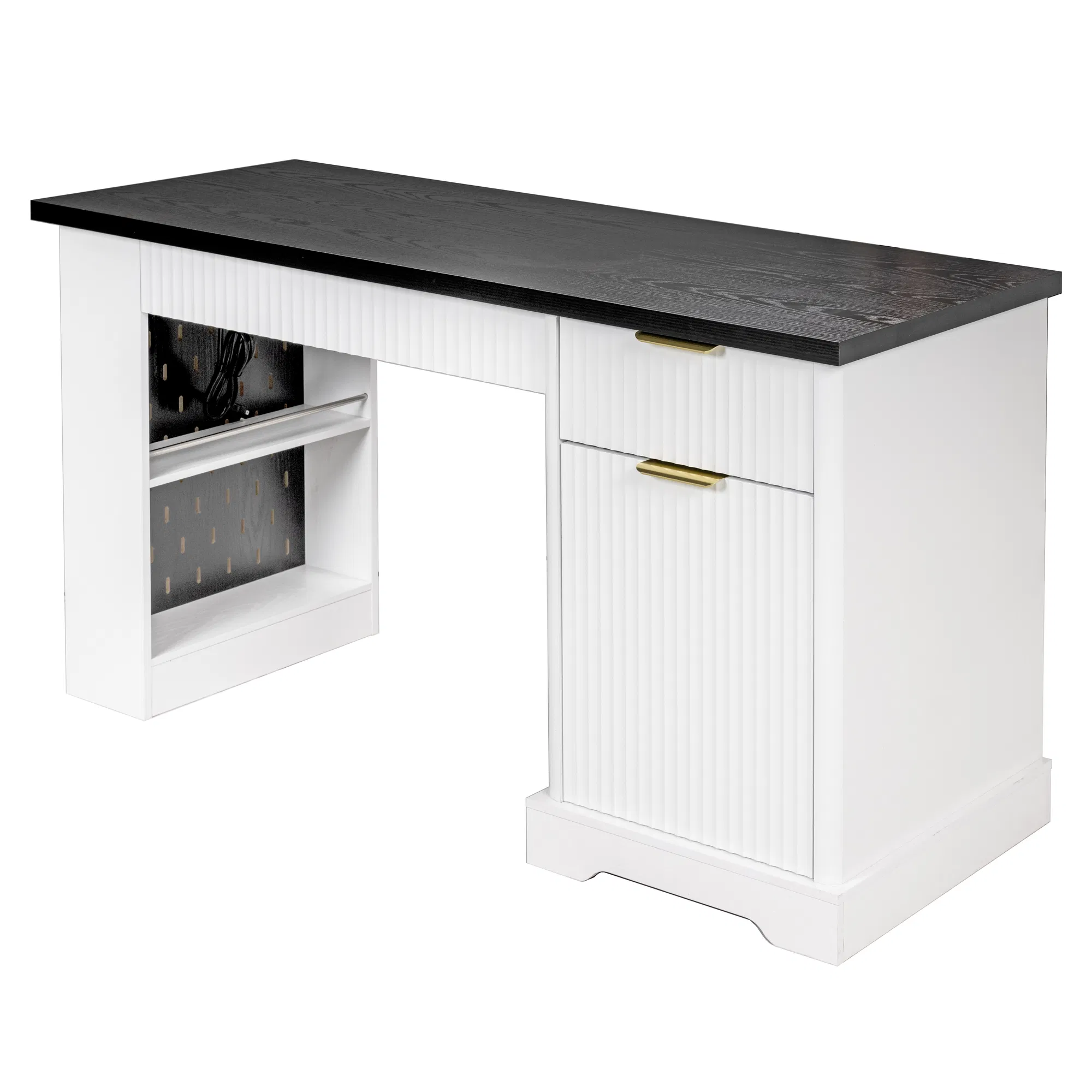 55" Modern Fluted Office Desk with Storage Cabinet & Drawers, Computer Writing Desk with…