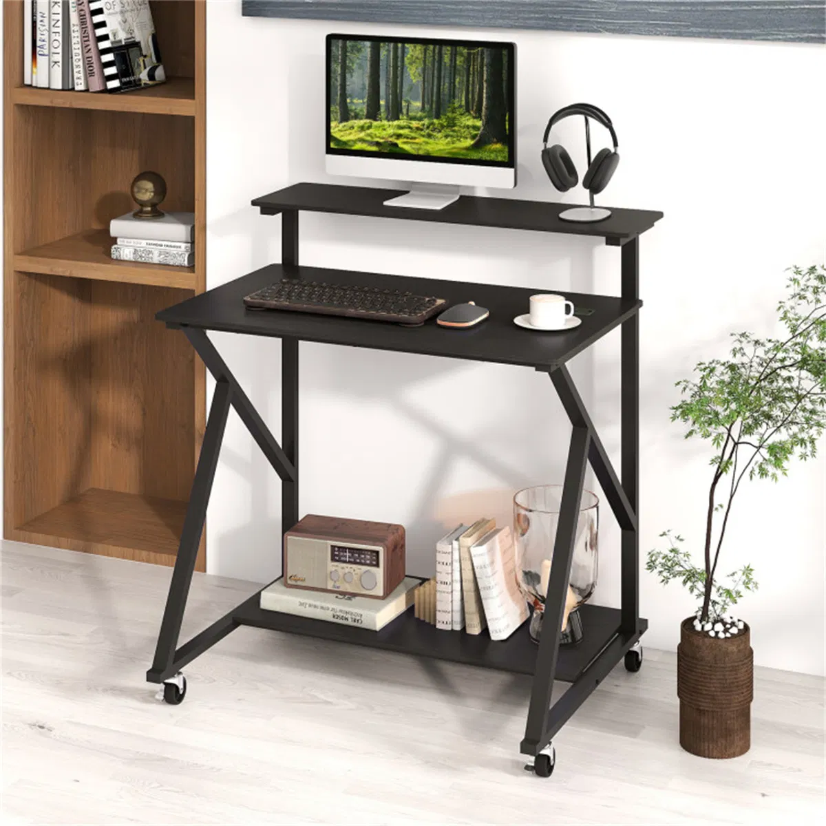 Black Rolling Computer Desk with Power Strip 32" Mobile Office Desk with Monitor Stand