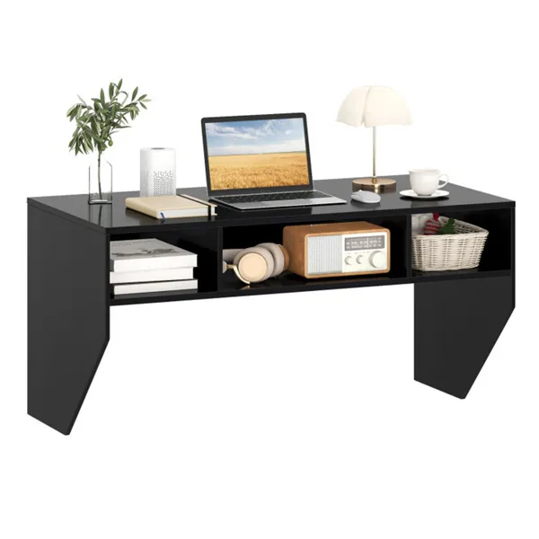 Black Wall-Mounted Floating Computer Desk with 3-Cube Storage, Sturdy Wooden Workstation for Home Office