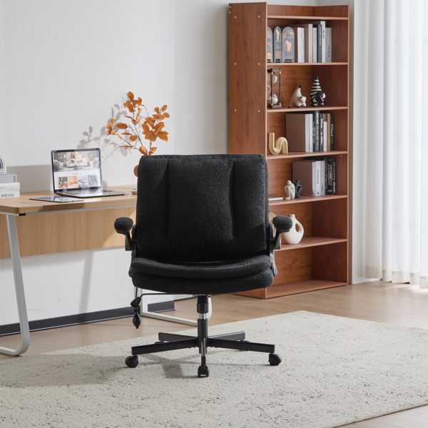Criss Cross Legged Office Chair with Flip-Up Back Built-In Dynamic Airbag Lumbar Support, Wide Seat Desk Chair with Flip-Up Arms and Wheels, Modern Cross-Leg Chair for Home Office, Vanity, Black