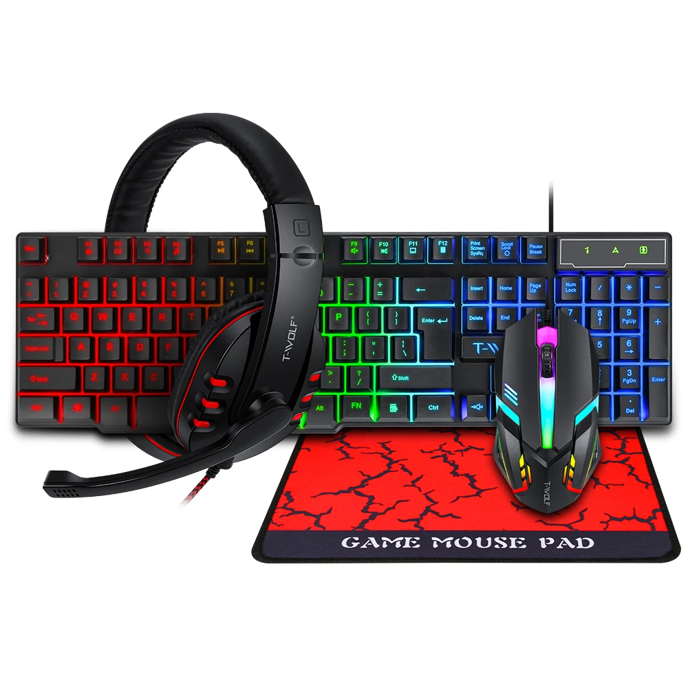 TF800 Four-piece Gaming Combo 104 Keys Keyboard 4-color Breathing Light Mouse 3.5mm…