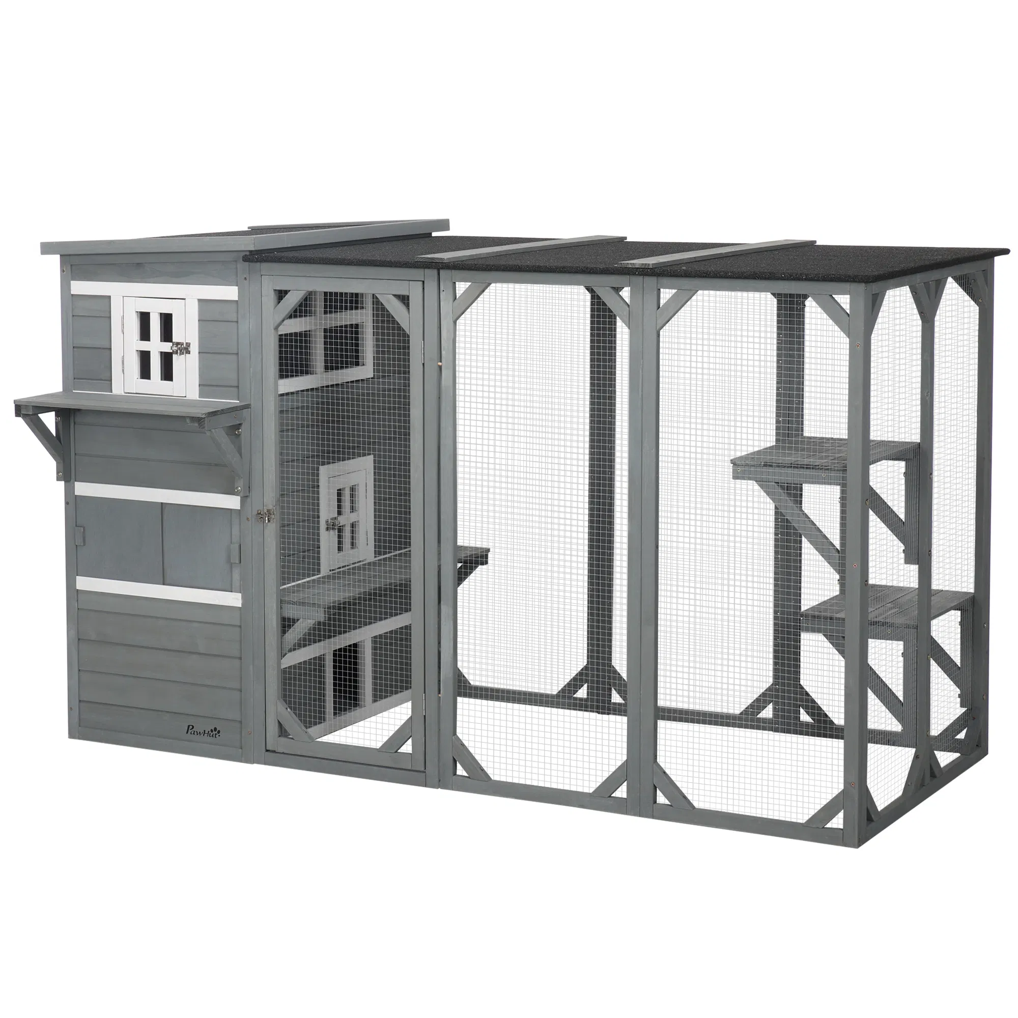 Wooden Cat Catio, 76"L Walk in Outdoor Cat House with Asphalt Roof, Platforms, Lockable…
