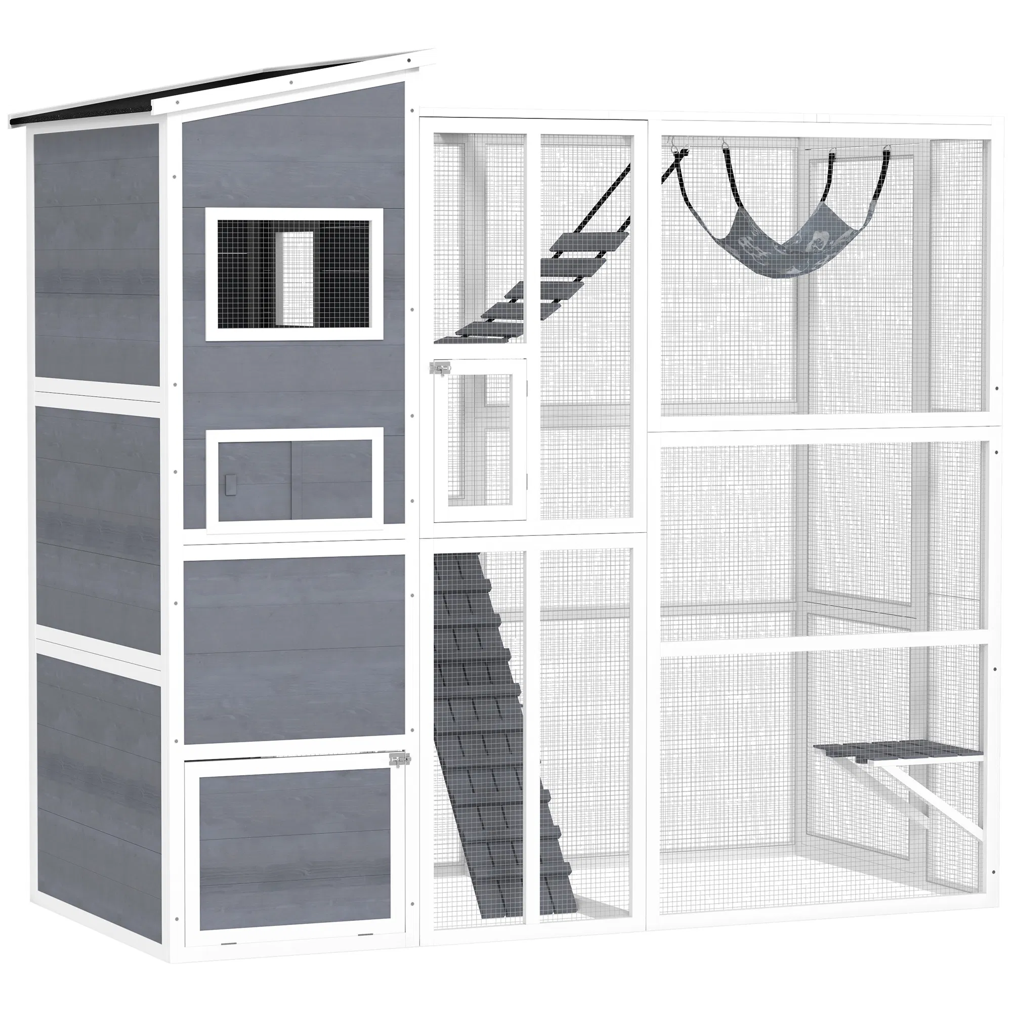 76" Catio Outdoor Cat Enclosure with Cat Condo, Jumping Platforms, Ladder, Ramps, Hammock…