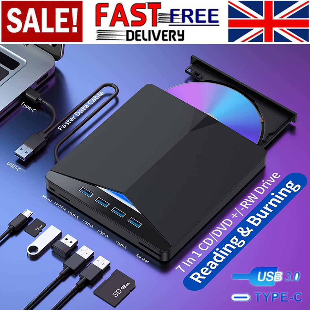 7-in-1 External USB 3.0 DVD CD RW Writer Drive Burner Reader Player For Laptop PC