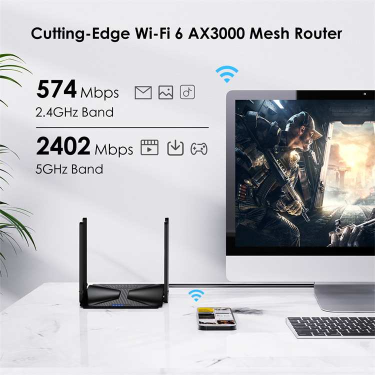 AX3000 Dual-Band Gigabit Mesh Wireless Wi-Fi 6 Router With 5dBi High-Gain Four-Antenna…