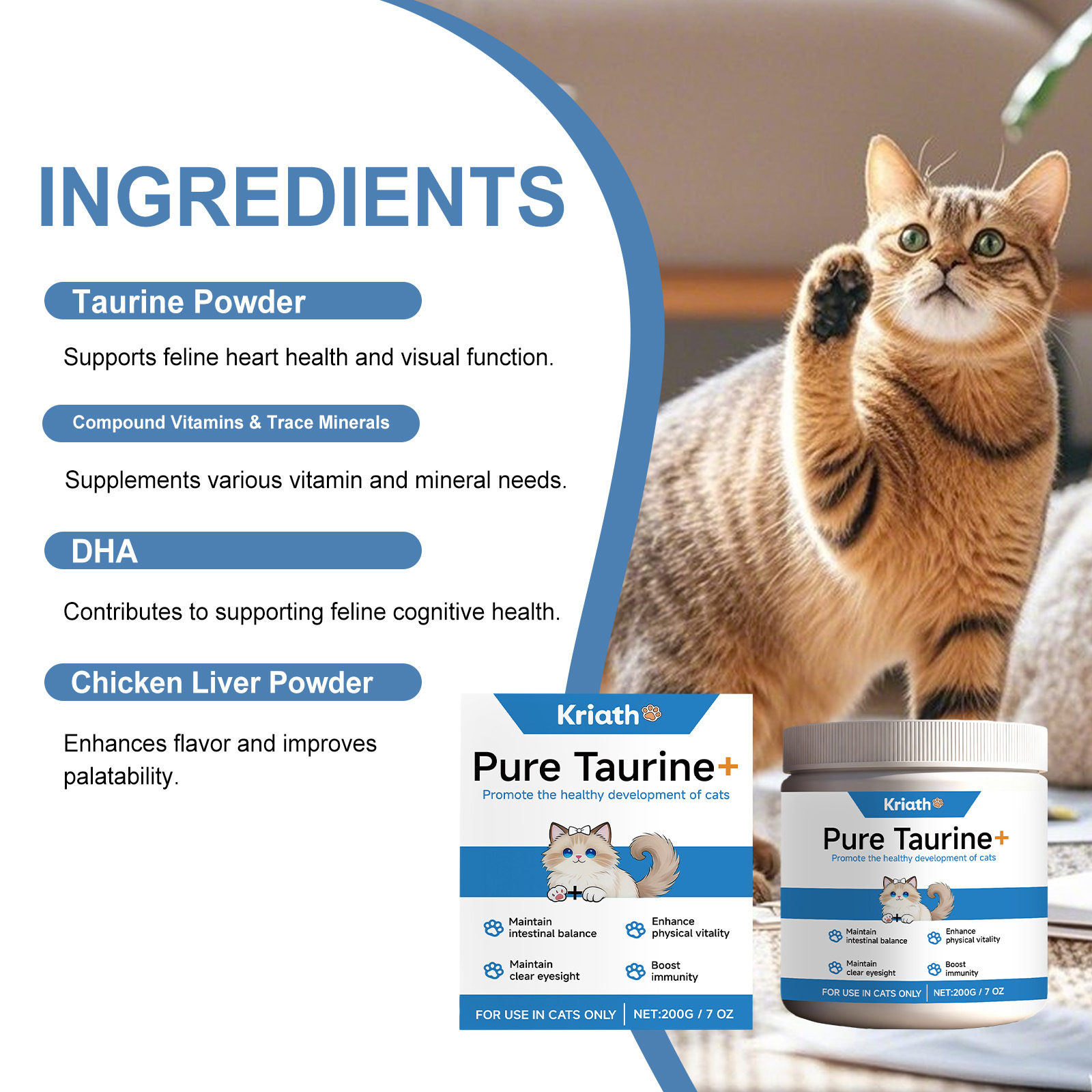 Kriath Taurine Powder For Cats, Gentle Formula To Care For And Comfort Pets, Body Massage…