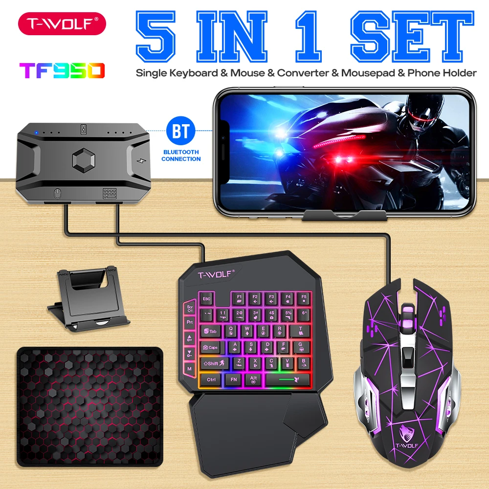 NEW HOT Game Artifact OneHanded With Palm Rest RGB Keyboard Converter Programmable Mouse 5-in-1 Set For Android iOS Gaming Gear