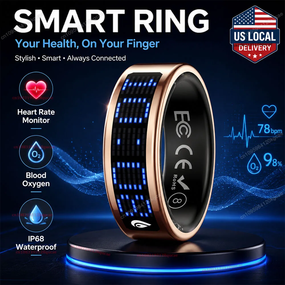US Local Smart Ring with LED Display Screen Call Reminder Heart Rate Blood Oxygen Monitor…