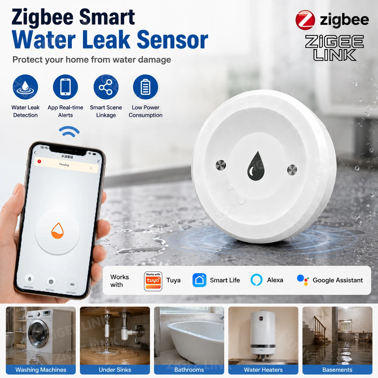 Zigbee Water Leakage Sensor Flood Overflow Security Detector APP Real-Time Remote Alert…