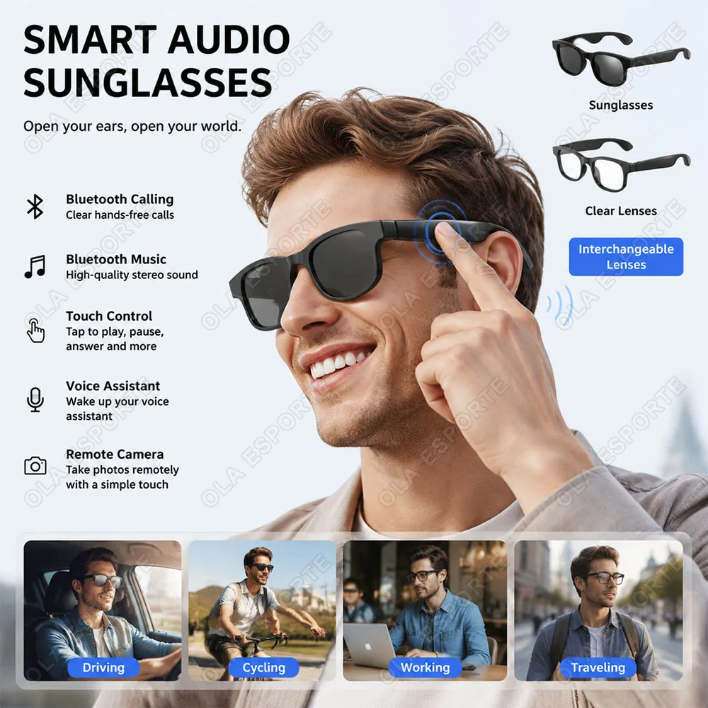 Smart Glasses Lnterchangeable Lenses Sunglasses Plain Glasses HD Bluetooth Call Music…