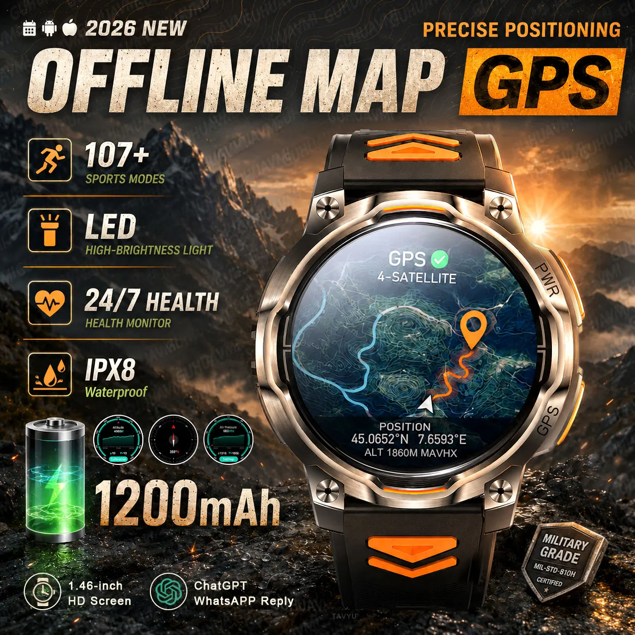 2026New GPS Map Smart Navigation Watch 1200mAh Battery Compass Built‑in ChatGPT Health Monitoring Waterproof Military Sport Band