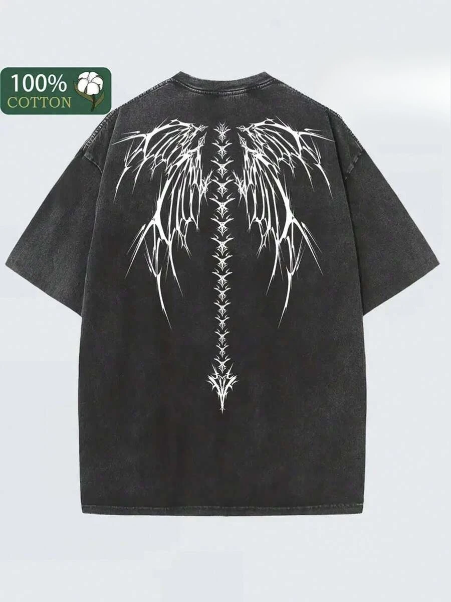 Black Vintage Washed Batik Cotton Oversized T-Shirt, White Gothic Wings Back Print Unisex…