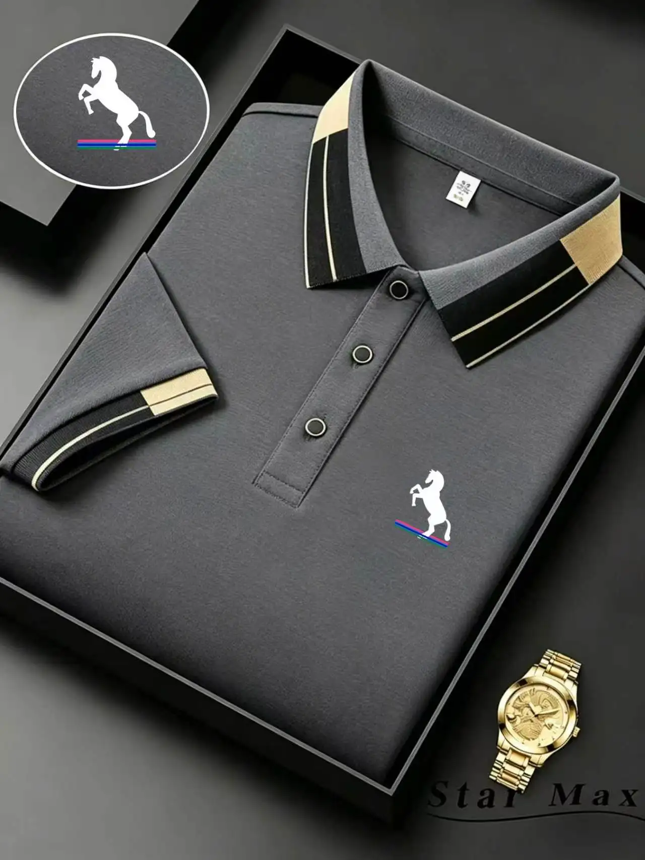 Men's Luxury Short Sleeve Polo Shirt with Horse Embroidery Milan Style Summer Casual T…